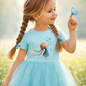 Dievčenské šaty tyl GIRL and BUTTERFLIES s krátkym rukávom - 116 - Tyrkysová