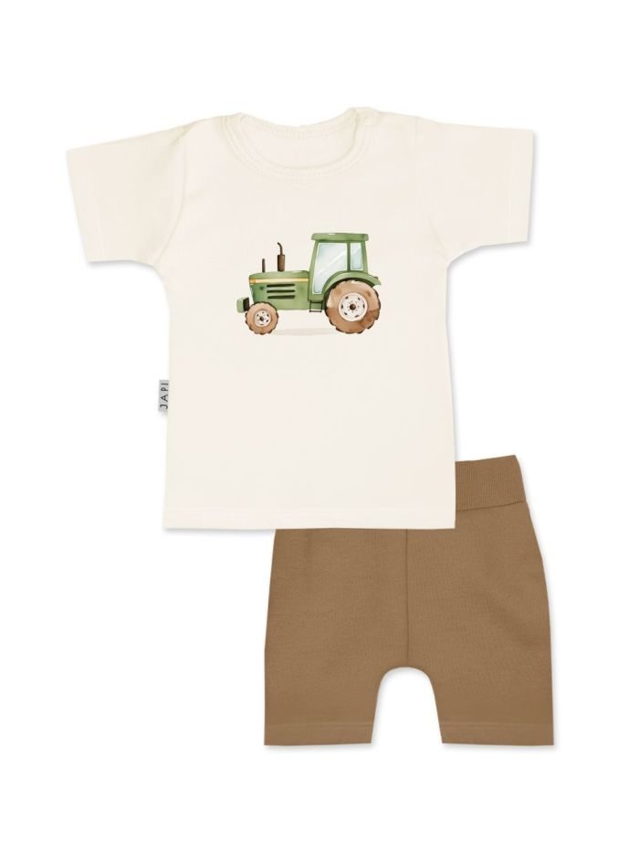 Detská súprava tričko+kraťasy TRACTOR s krátkym rukávom - 086 - Natural hnedá