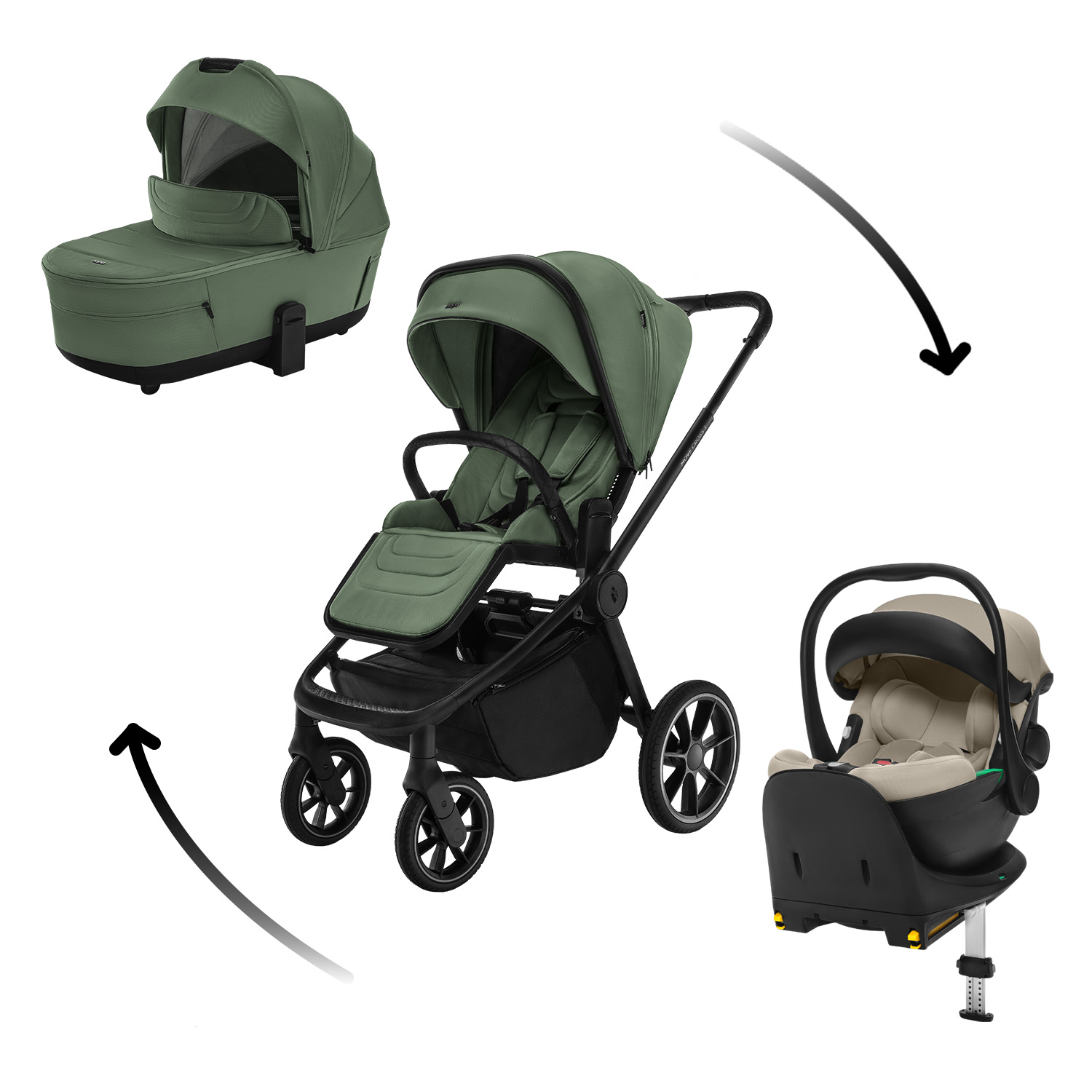 Set kočík Move Cross 5 + hlboká korba Move XL 5 + autosedačka XM podľa vlastného výberu + báza, Rocky Green